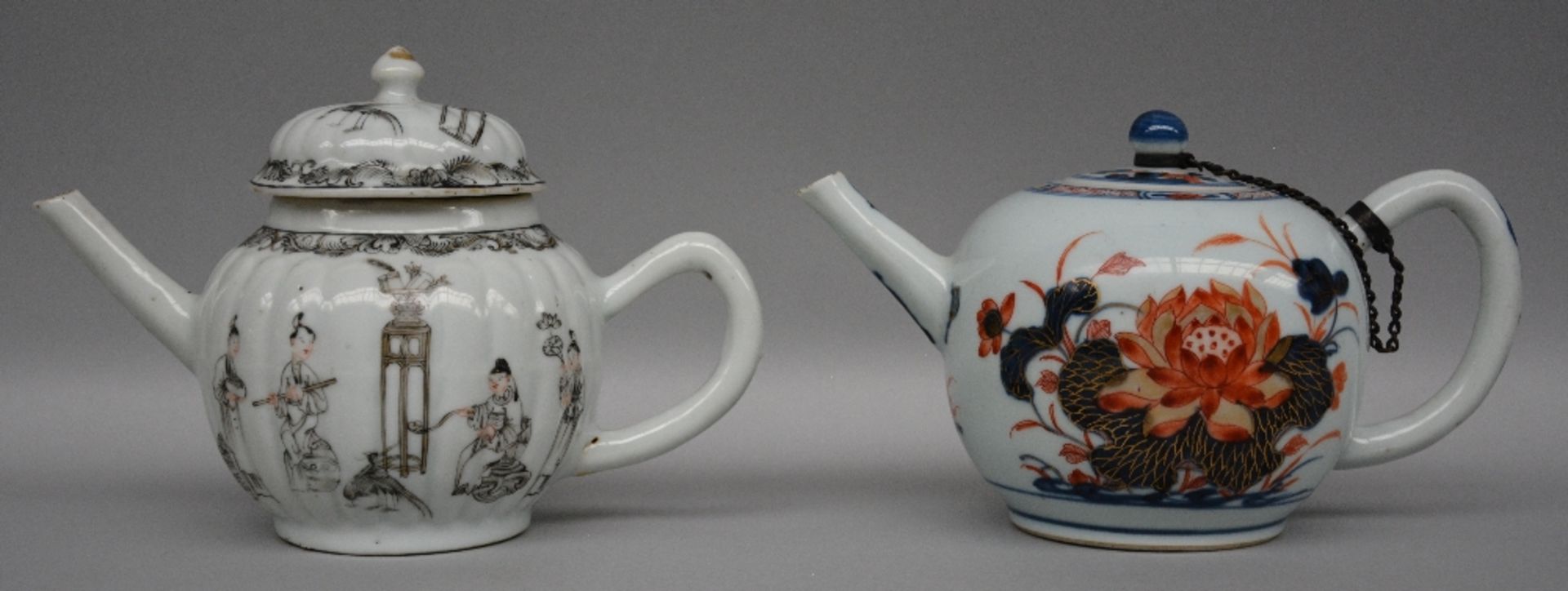 Two Chinese teapots with imari and India ink decoration, 18thC (chips); added two Chinese blue and - Image 2 of 15