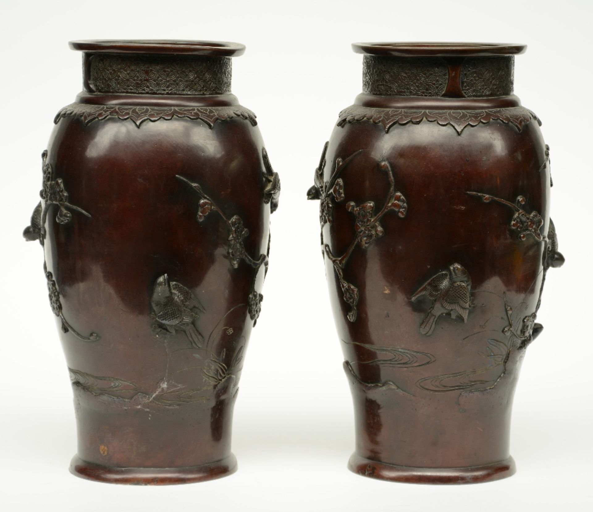 Two pair of Chinese bronze vases, relief moulded with birds on flower branches, marked, H 26 - 36 - Image 4 of 15