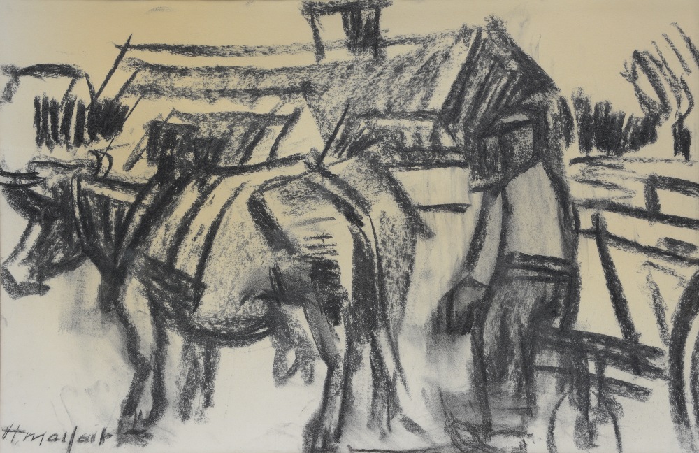 Malfait H., two charcoal drawings: one of an oxcart and one of a farmer, 25,5 x 40,5 - 34,5 x 52,5 - Image 2 of 11