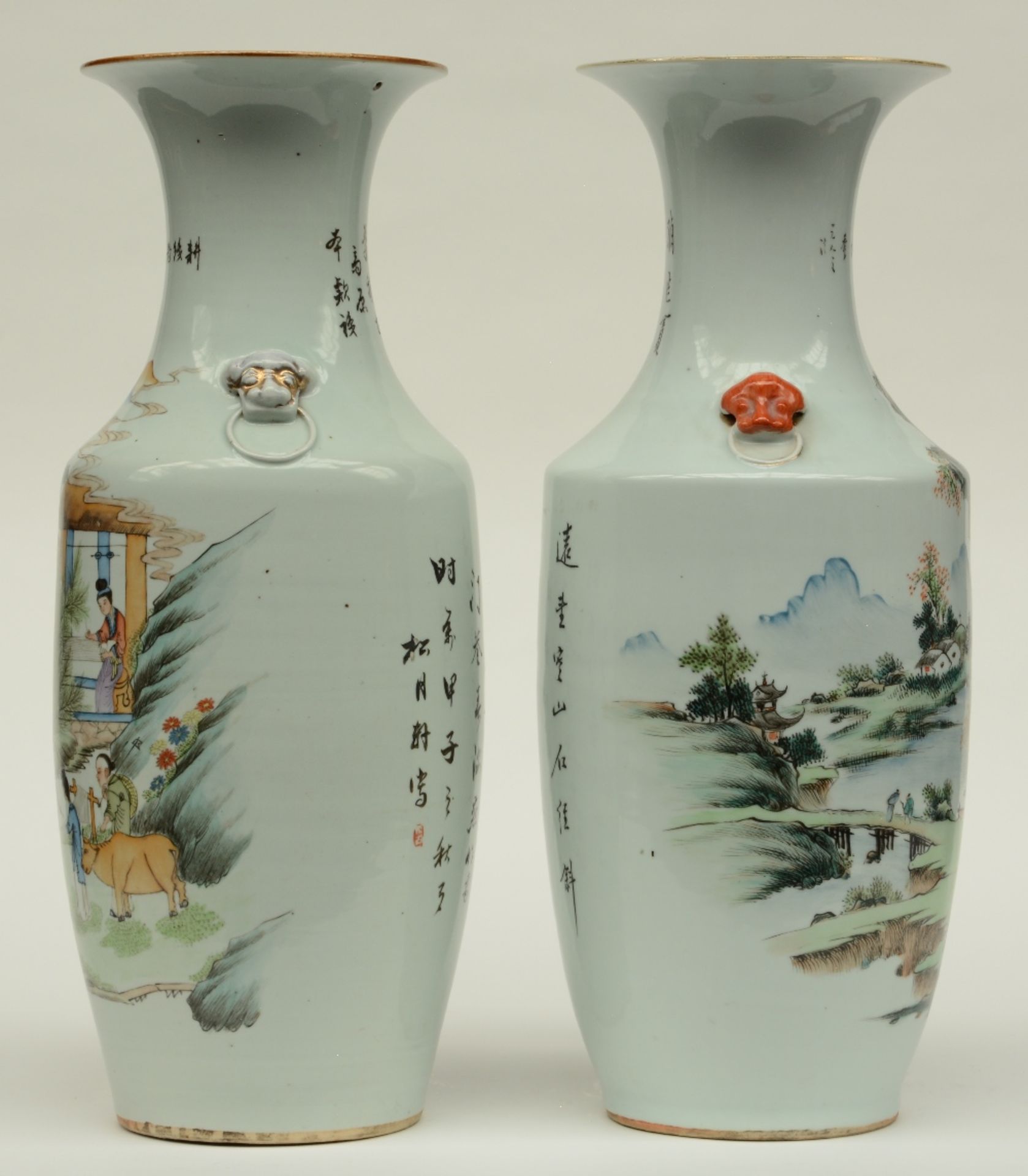 Two Chinese polychrome decorated vases, one with an animated scene and one with a landscape, H 57, - Image 4 of 6