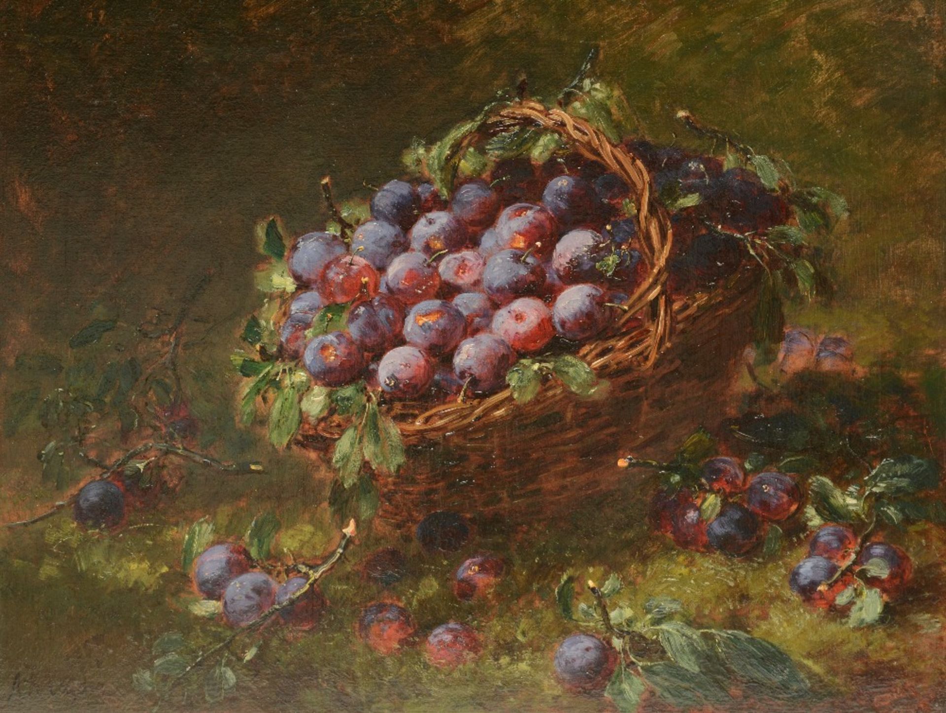 Kreyder A. J. still life, prunes in a basket, oil on canvas, 65,5 x 81,5 cm