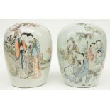 Two Chinese ginger jars, polychrome decorated with figures in a landscape, marked and signed, H 28,5
