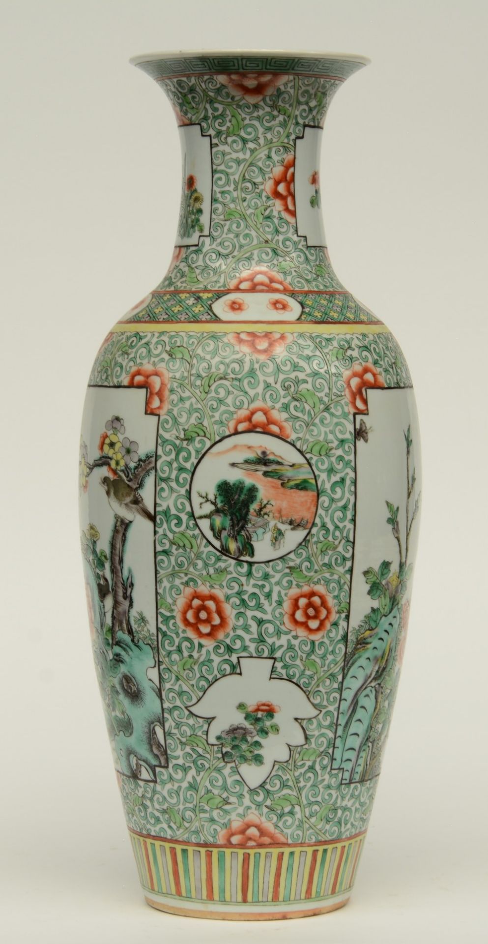 A Chinese polychrome vase decorated with flower branches, landscapes and floral motifs, H 60 cm - Bild 2 aus 6