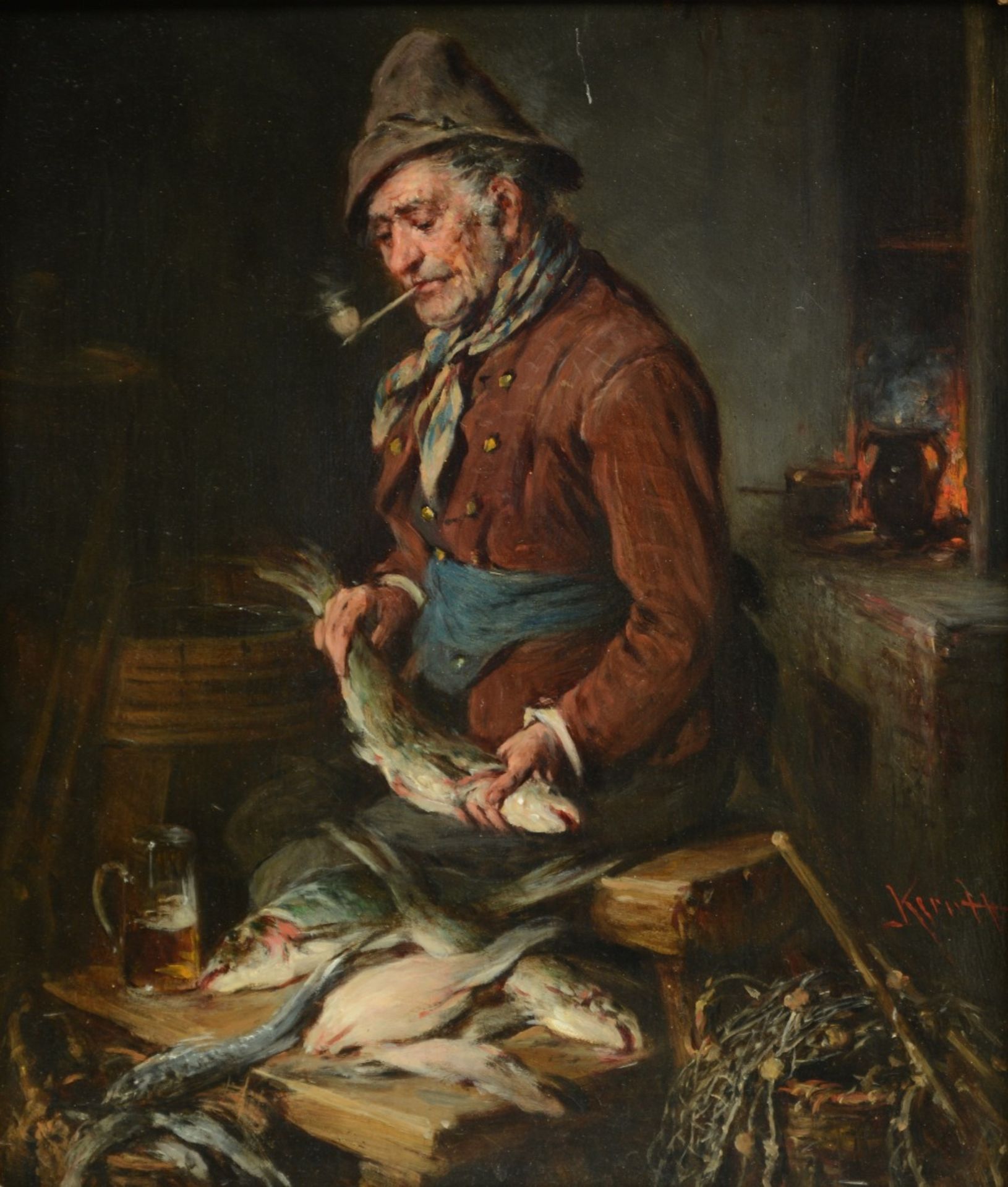 (Keruff?), 'Fischhändler', oil on panel, 19thC, 31,5 x 36,5 cm