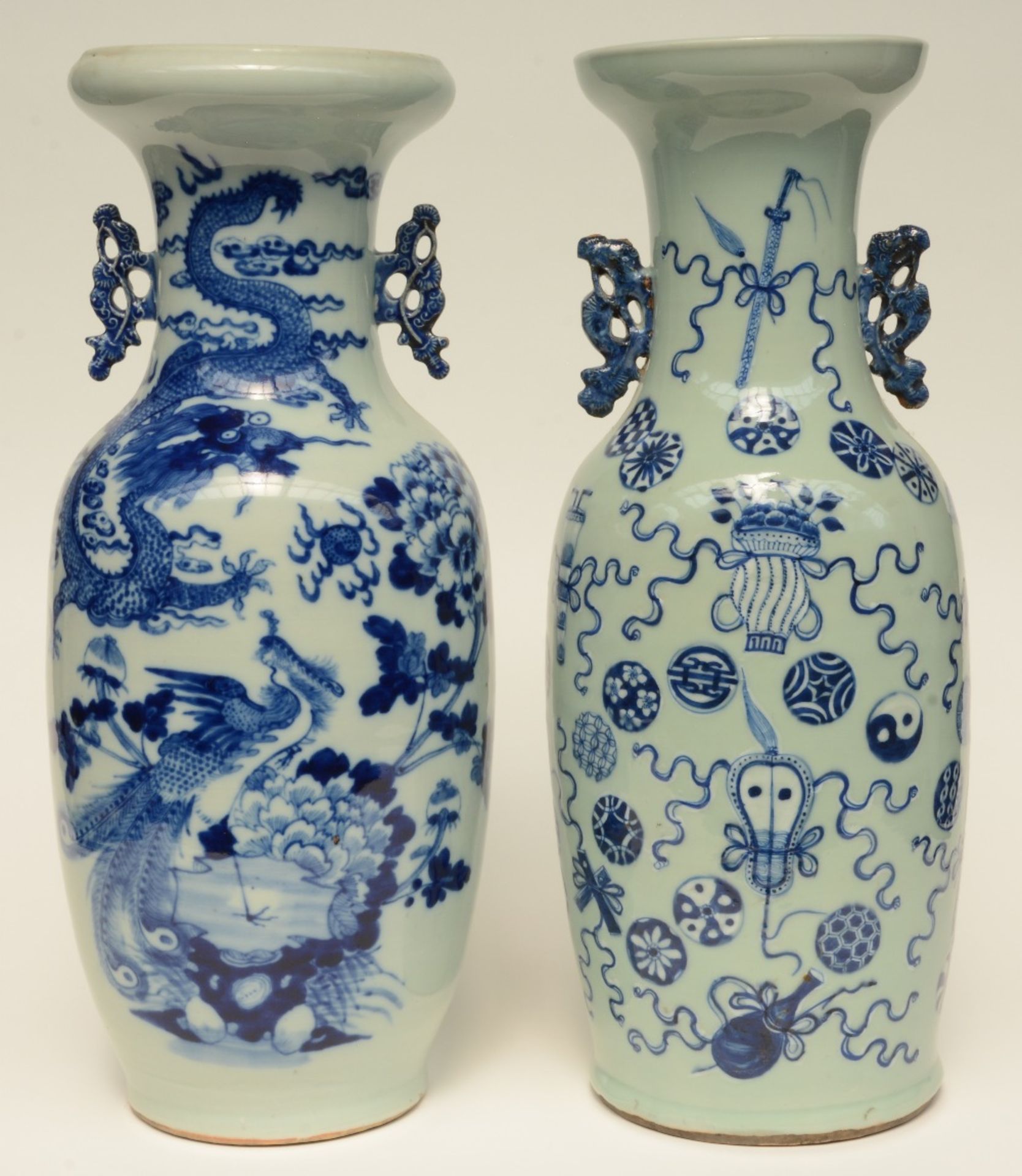 Two Chinese celadon-ground blue and white vases, one painted with a dragon and a phoenix, one vase