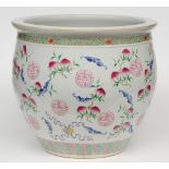 A Chinese famille rose cachepot, decorated with peaches, bats and longelivity symbols, H 51 cm,