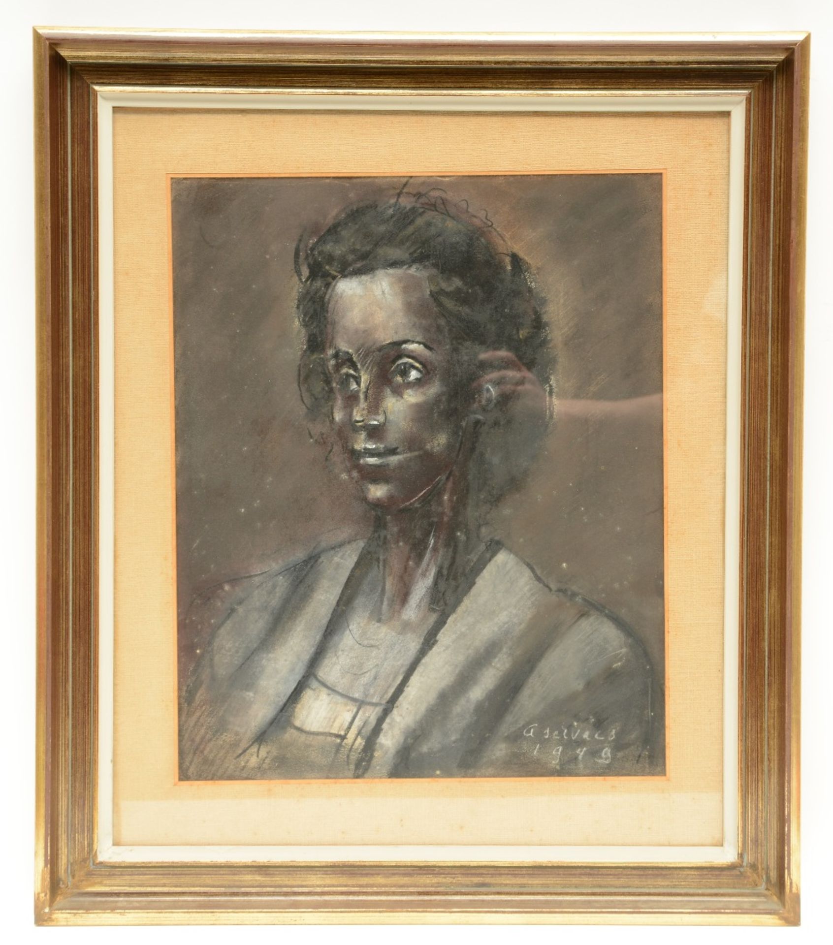 Servaes A., a womans portrait, charcoal + white and red crayon, dated 1949, 39 x 48 cm - Bild 2 aus 4