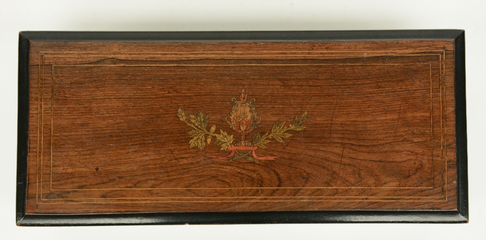 A 19thC ebonised and rosewood veneered music box, 'Fabrique de  Genève - Six Airs', H 14,5 - W 49, - Image 4 of 5