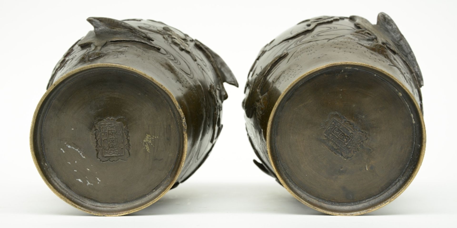 Two pair of Chinese bronze vases, relief moulded with birds on flower branches, marked, H 26 - 36 - Image 13 of 15