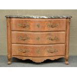 A Rococo style mahogany veneered chest of drawers, on top a gris Ste. Anne marble, 19thC, H 94,5 - W