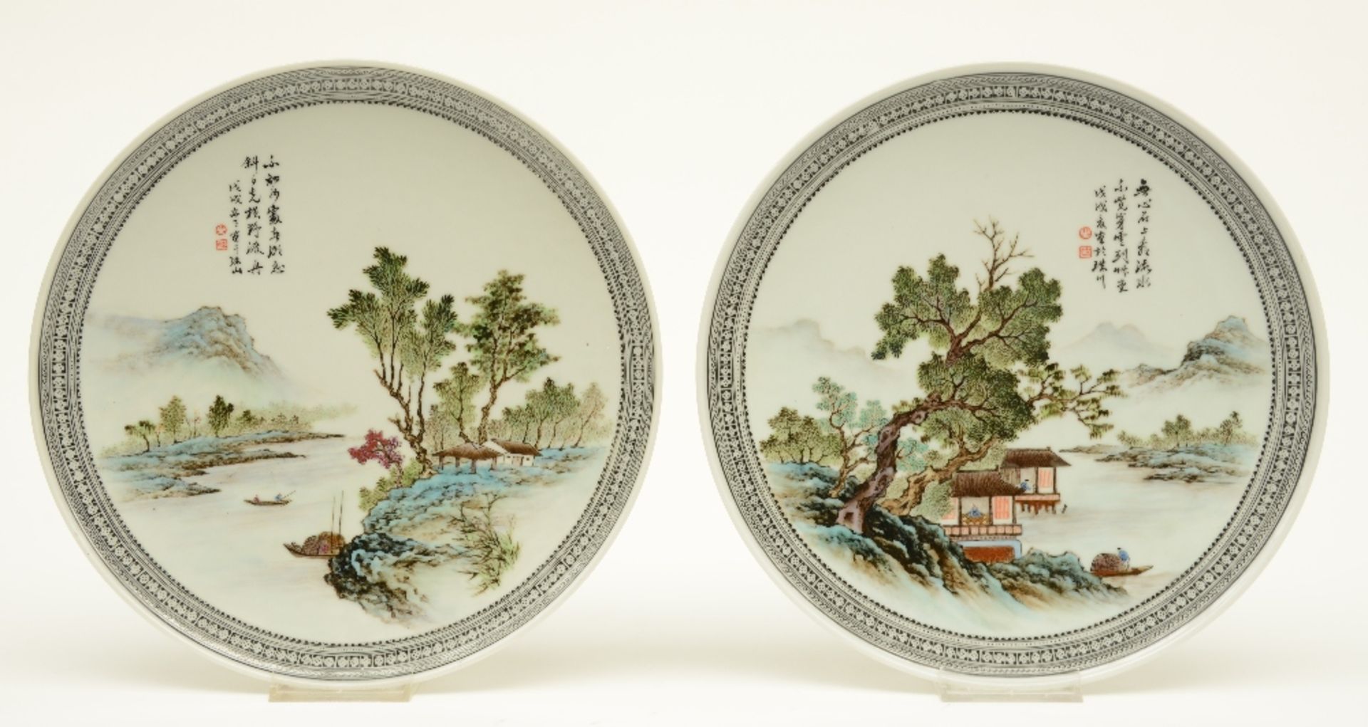 Four Chinese polychrome plates, decorated various river landscapes, marked and signed, Diameter 26,5 - Image 2 of 5