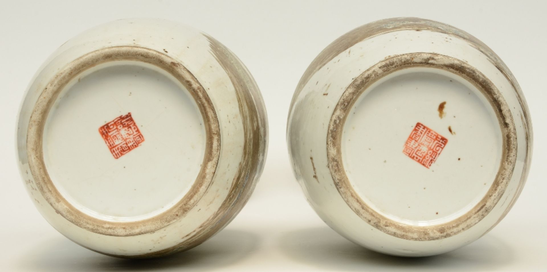 A pair of Chinese polychrome decorated vases, painted with an animated scene, signed and marked, - Image 6 of 11