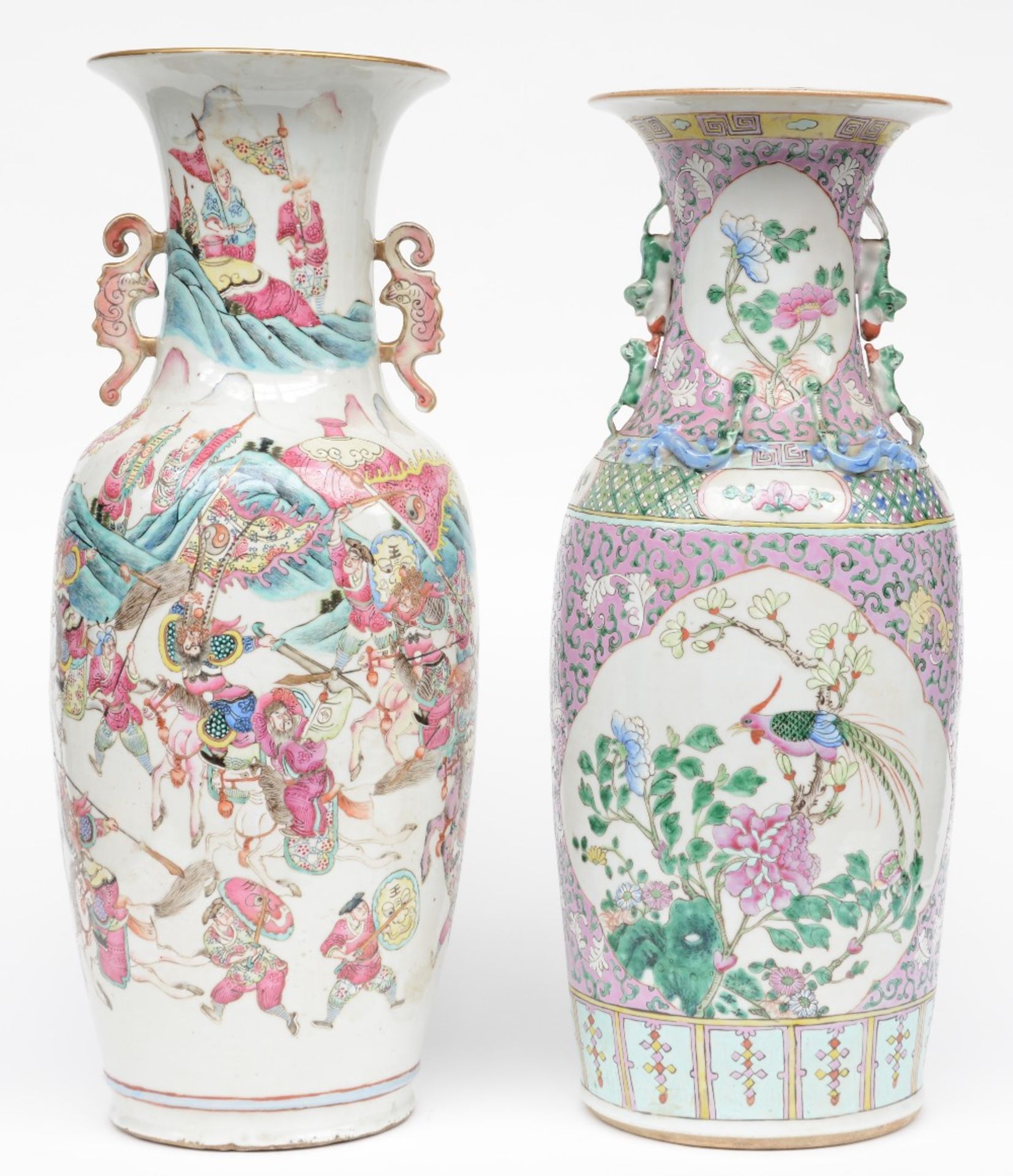 Two Chinese famille rose vases, one vase decorated with a warrior scene, one vase decorated with