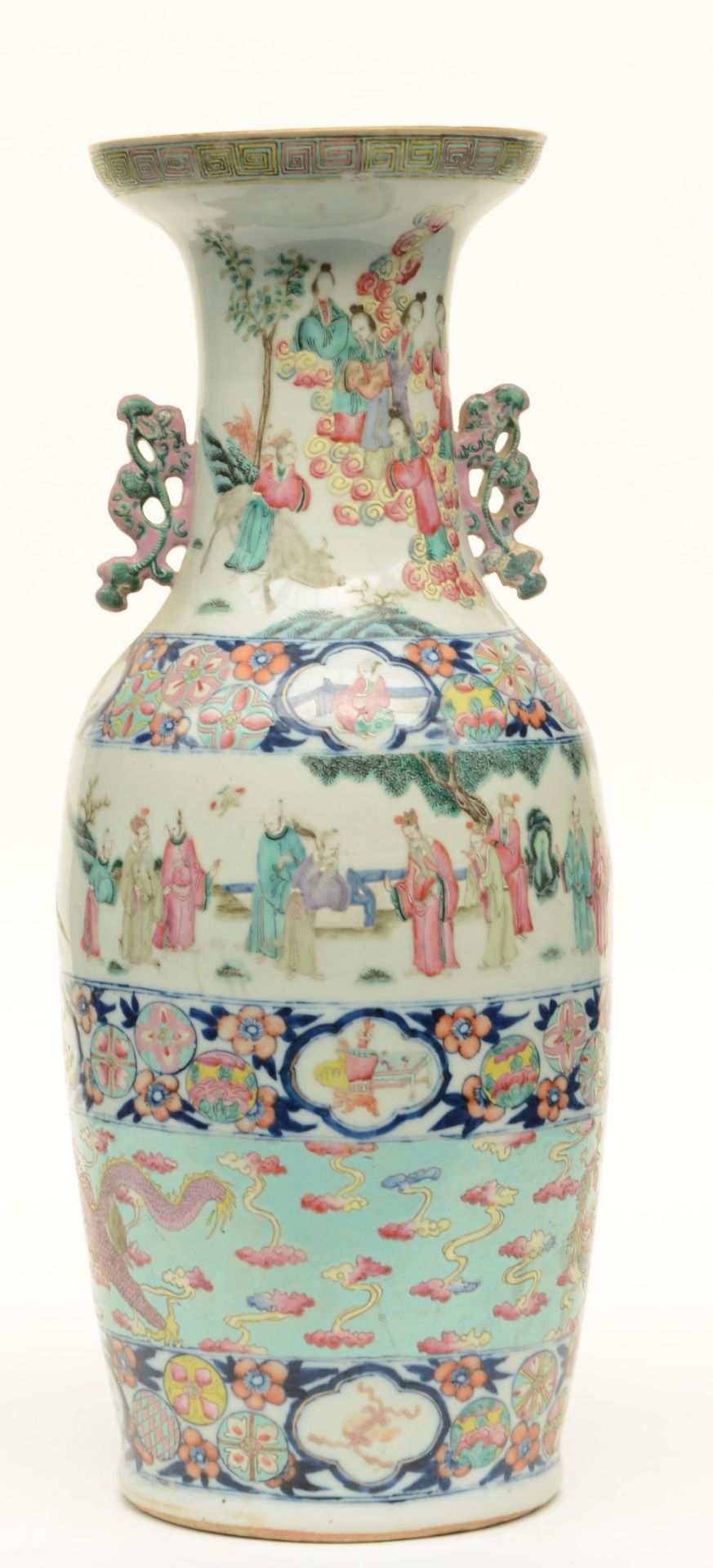 A Chinese polychrome vase, decorated with several animated scenes, dragons and other symbols, 19thC,