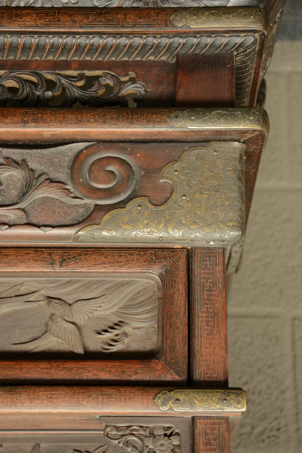 A Japanese wooden display cabinet, carved with birds, flowerbranches and a landscape, ca. 1900, H - Image 8 of 8