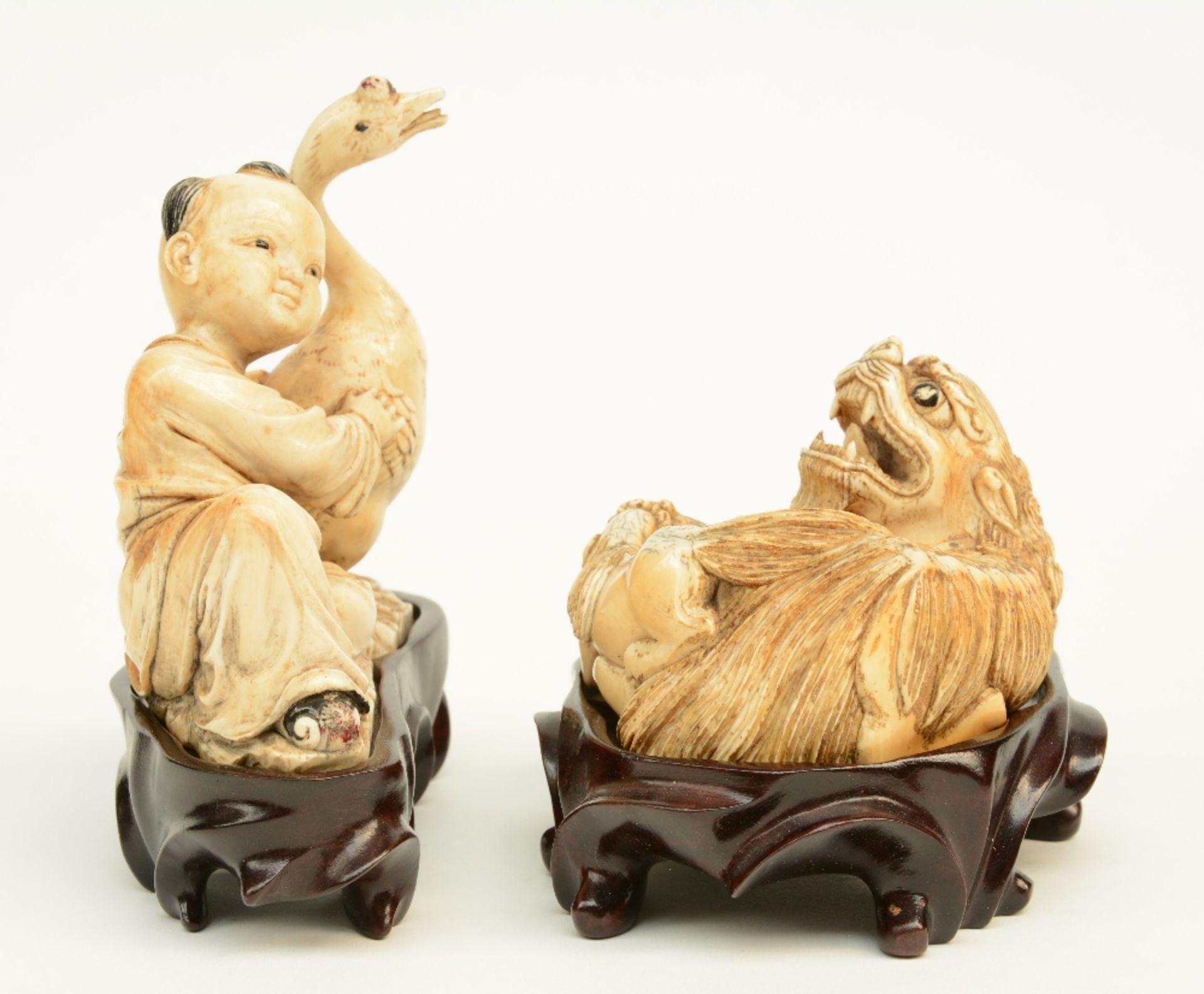 Two Chinese mammut ivory sculptures, polychrome and gilt decorated, one depicting a child and goose, - Image 2 of 5