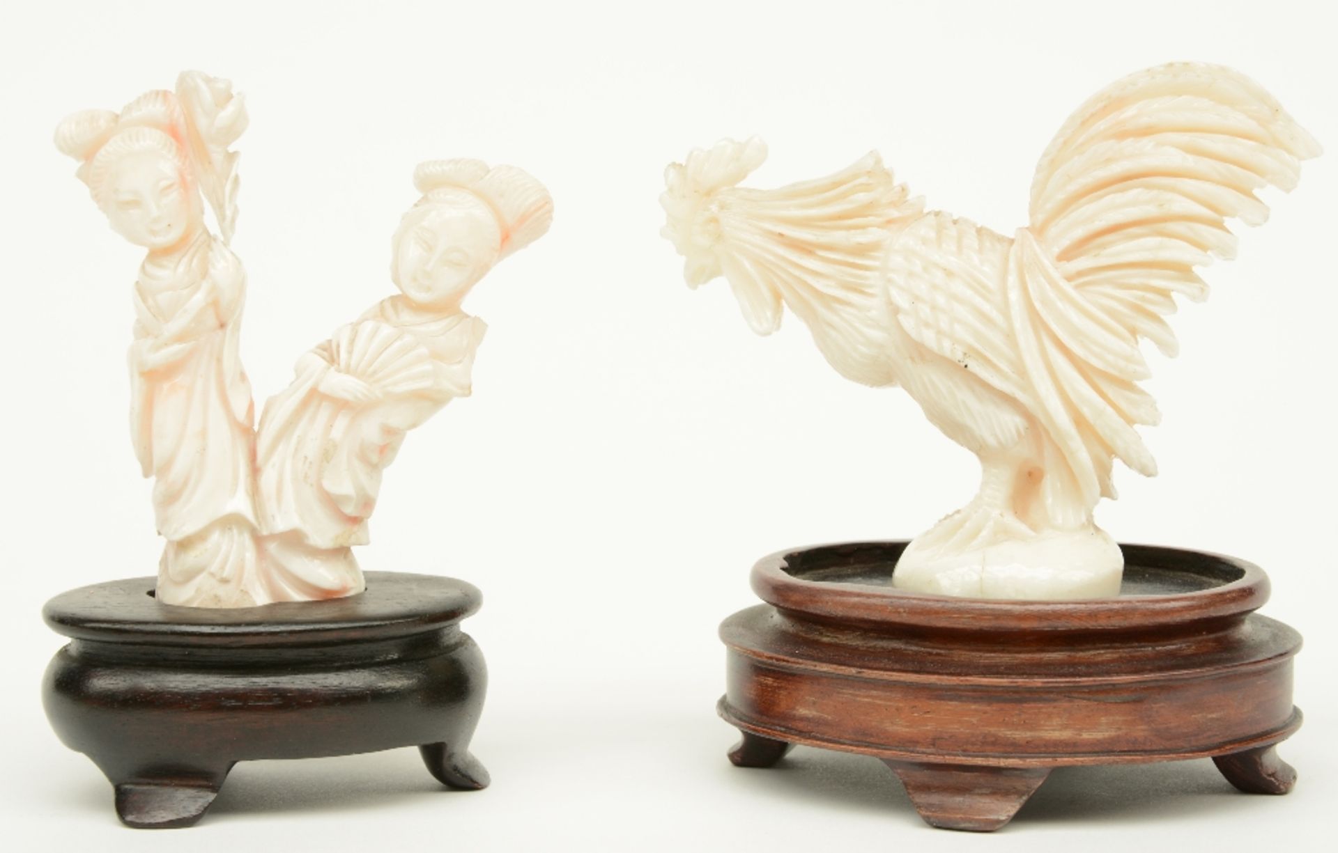 Two first half 20thC Chinese white coral sculptures depicting a cock and two beauties with a