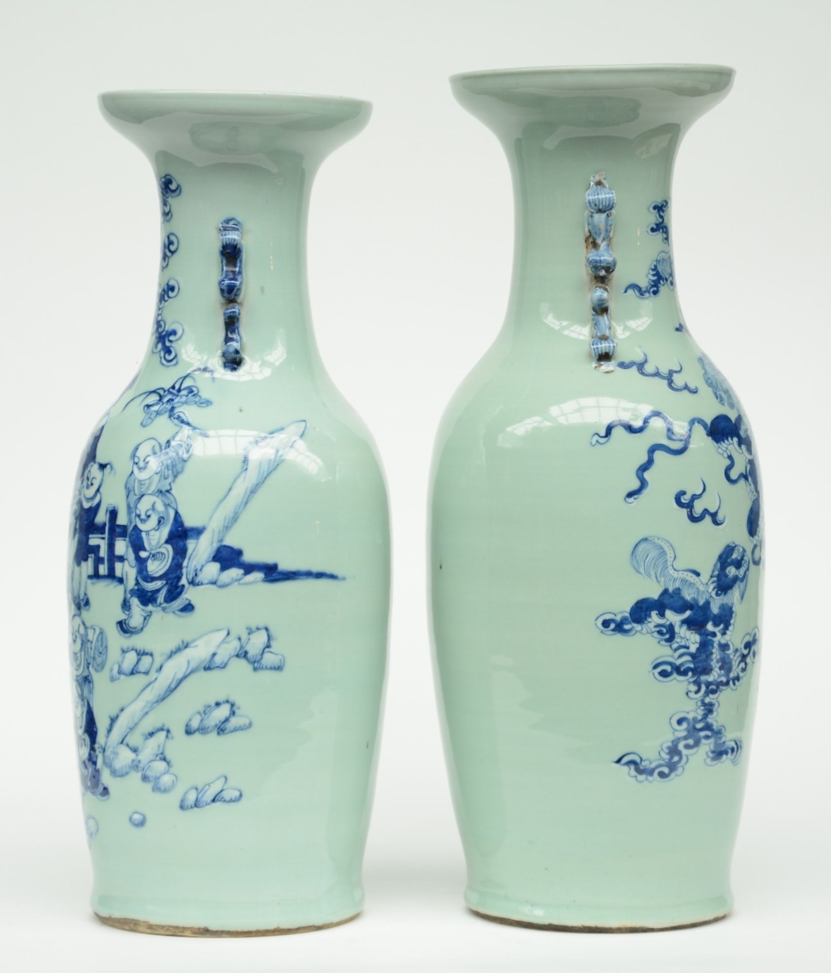 Two Chinese celadon ground blue and white vases, one decorated with children and one with Fu - Image 4 of 6