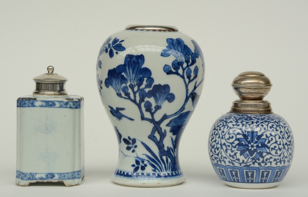 Two Chinese blue and white vases and a tea caddy, floral decorated, with silver mounts, 18th - - Image 9 of 16