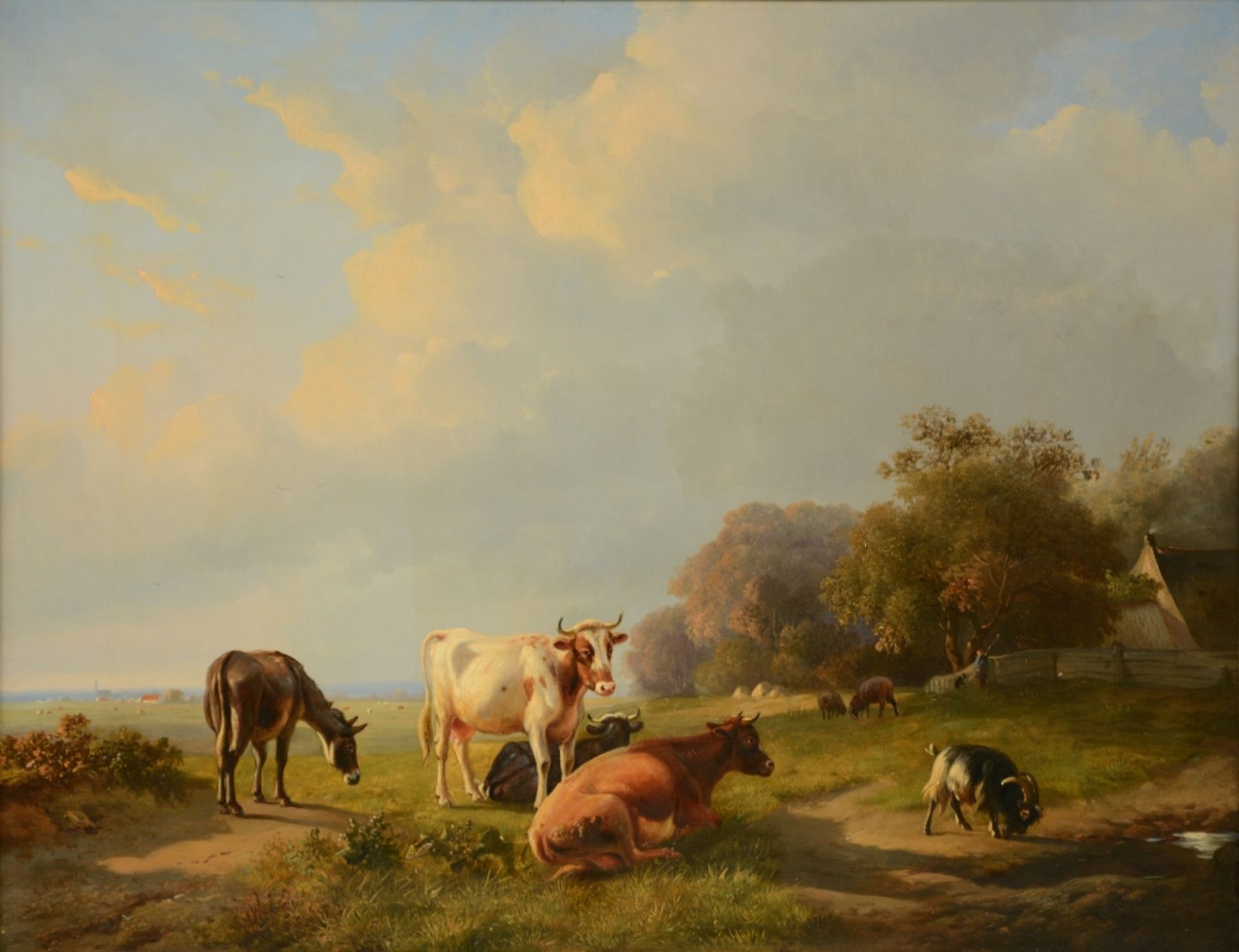 L. P. Verwée / Eugène Verboeckhoven, cattle, a goat and a donkey in a landscape, oil on panel, 49