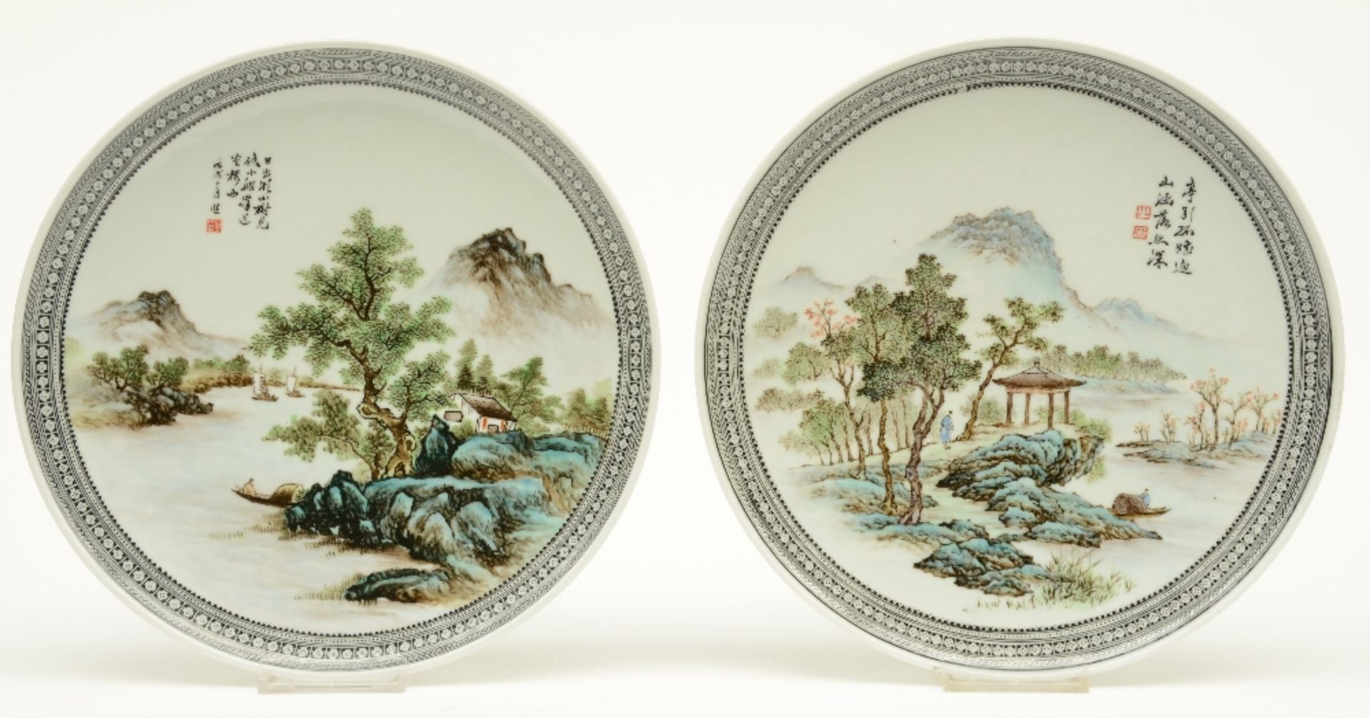 Four Chinese polychrome plates, decorated various river landscapes, marked and signed, Diameter 26,5 - Image 4 of 5