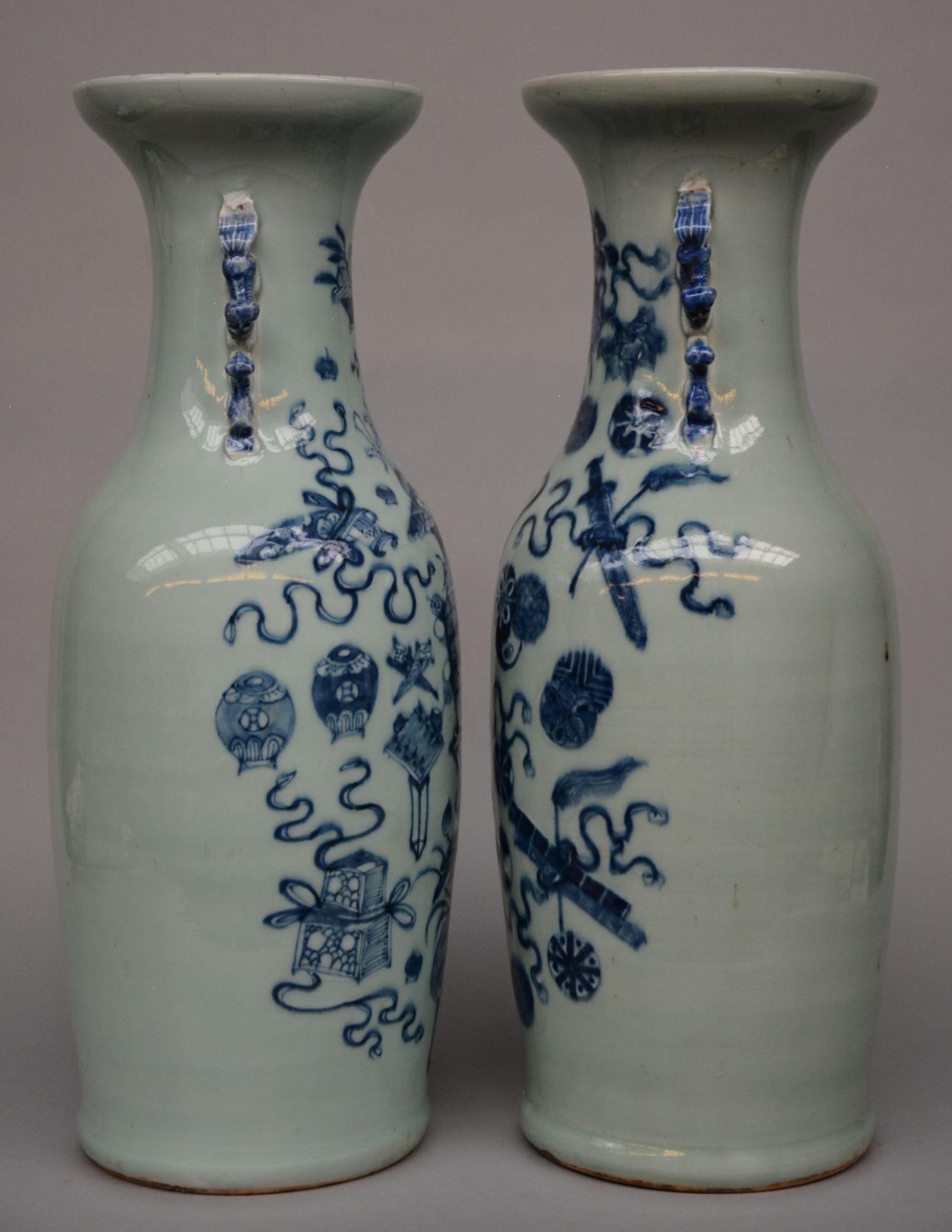 Two Chinese celadon-ground blue and white vases decorated with symbols, H 59,5 - 60 cm (chips on the - Image 2 of 6