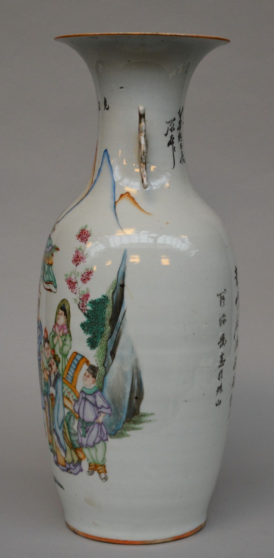A Chinese polychrome decorated vase depicting genre scenes, H 57 cm (chips on the rim) - Image 2 of 6