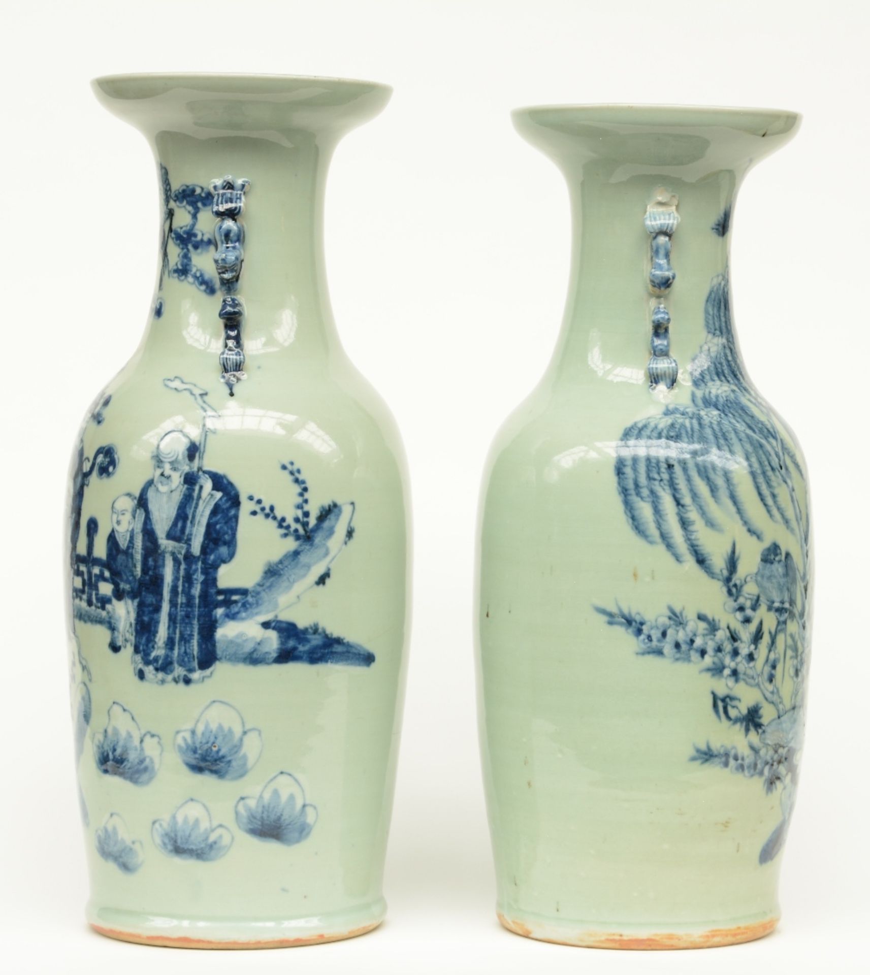 Two Chinese celadon-ground blue and white vase, one vase decorated with birds on flower branches and - Bild 4 aus 6