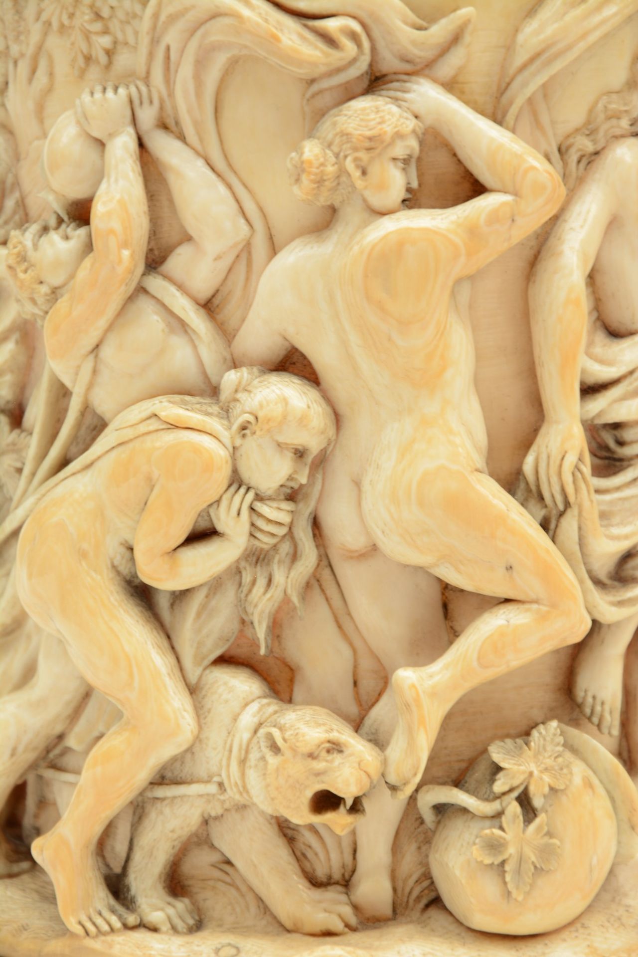 A rare German ivory Humpen, alto relievo sculpted with Bacchus on a chariot preceded by a drunken - Image 12 of 14