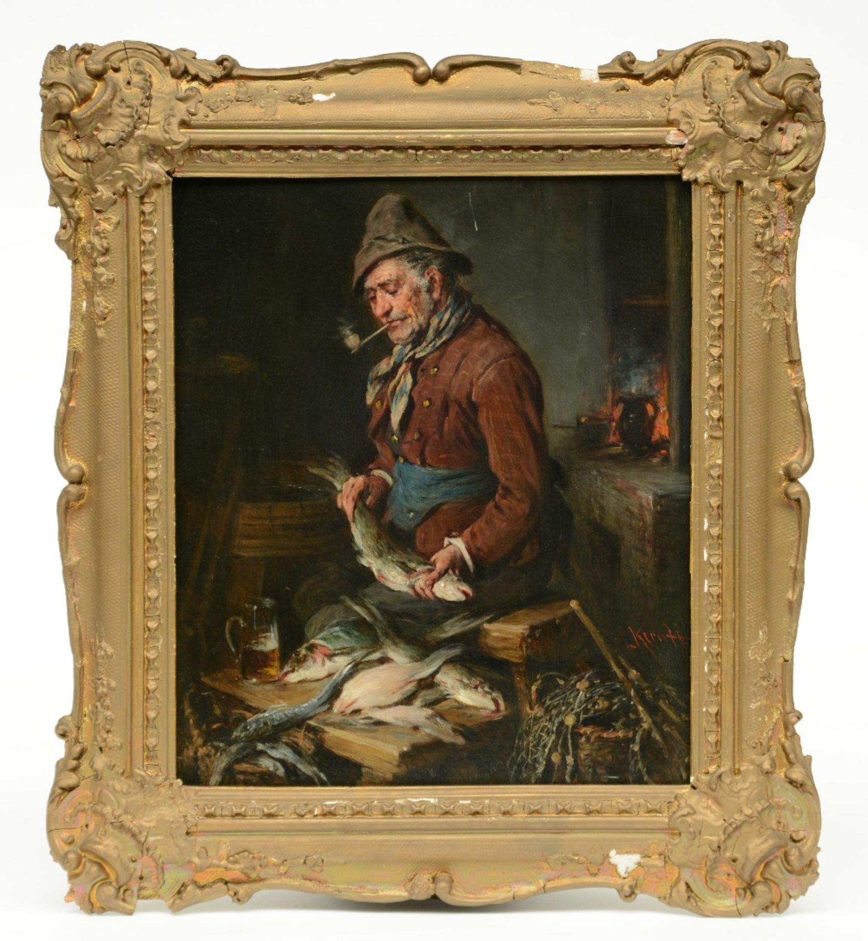 (Keruff?), 'Fischhändler', oil on panel, 19thC, 31,5 x 36,5 cm - Image 2 of 4