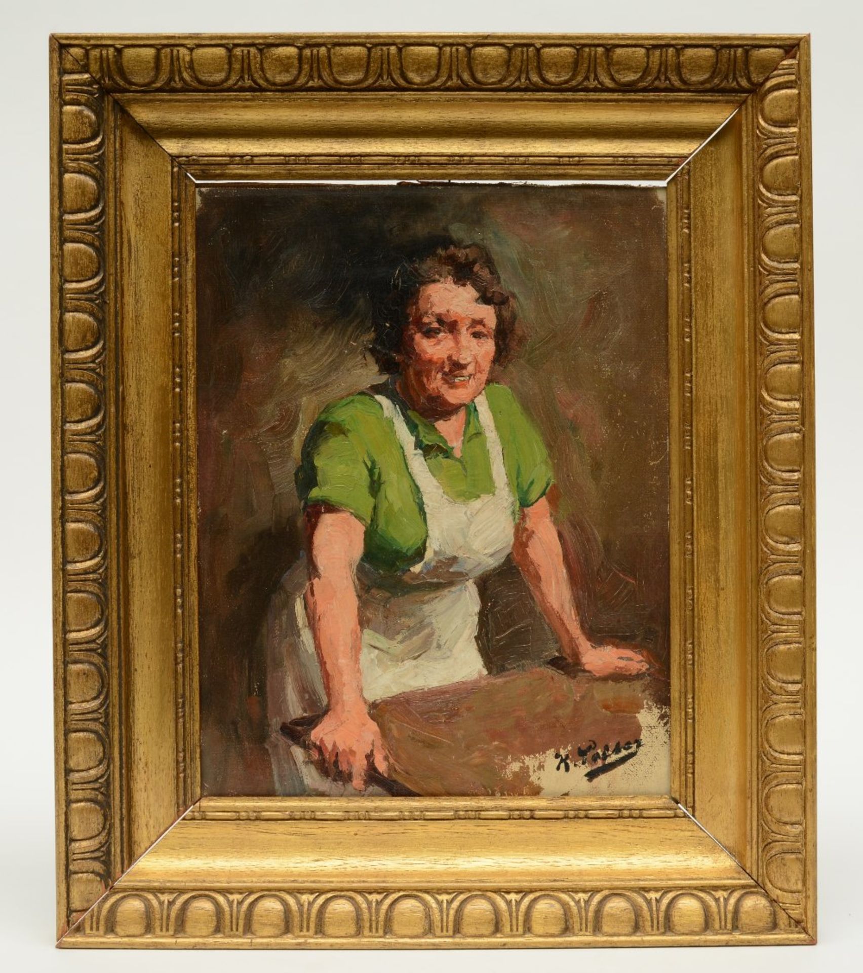 Peiser K., the burly housewife, oil on canvas glued to hardboard, 26 x 33 cm