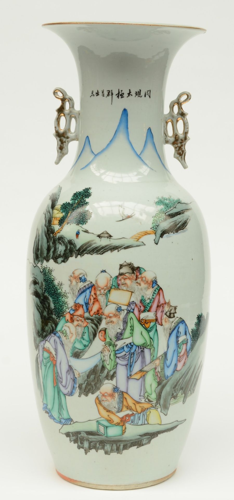 A Chinese polychrome decorated vase depicting scolars in a river landscape, H 58 cm (firing faults