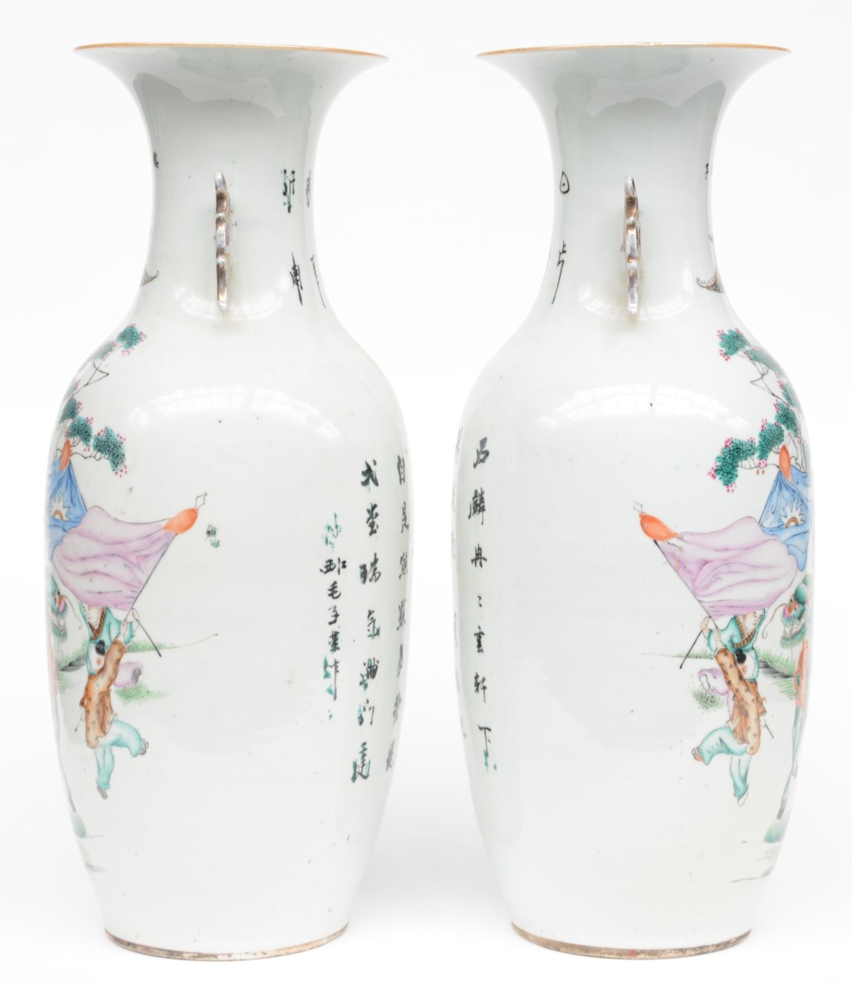 A pair of Chinese polychrome vases, depicting an animated scene, 19th C, H 58 cm, (minor hairline on - Bild 4 aus 7