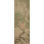 A Chinese scroll painting, watercolor on paper, depicting a young boy in a tree, 19thC, 37 x 102,5