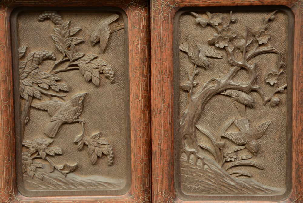 A Japanese wooden display cabinet, carved with birds, flowerbranches and a landscape, ca. 1900, H - Image 6 of 8