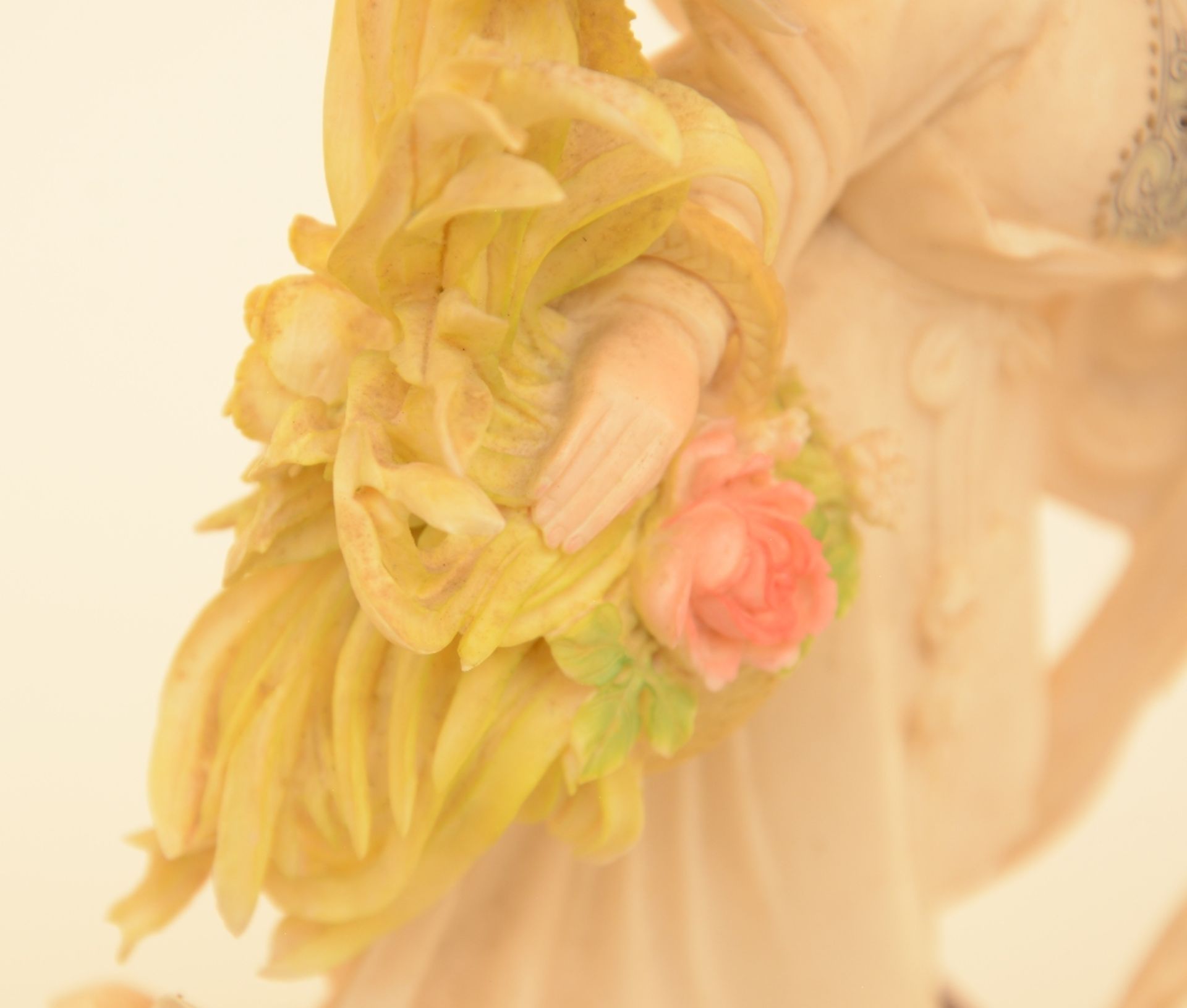 A Chinese ivory sculpture, polychrome decorated, depicting a court lady holding a flower basket, - Image 6 of 6