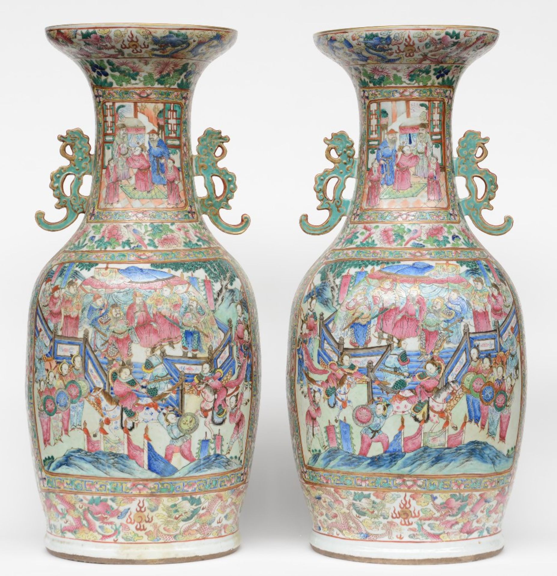 A large pair of Chinese famille rose vases decorated with court scenes, 19thC, H 85,5 - 86 cm (one