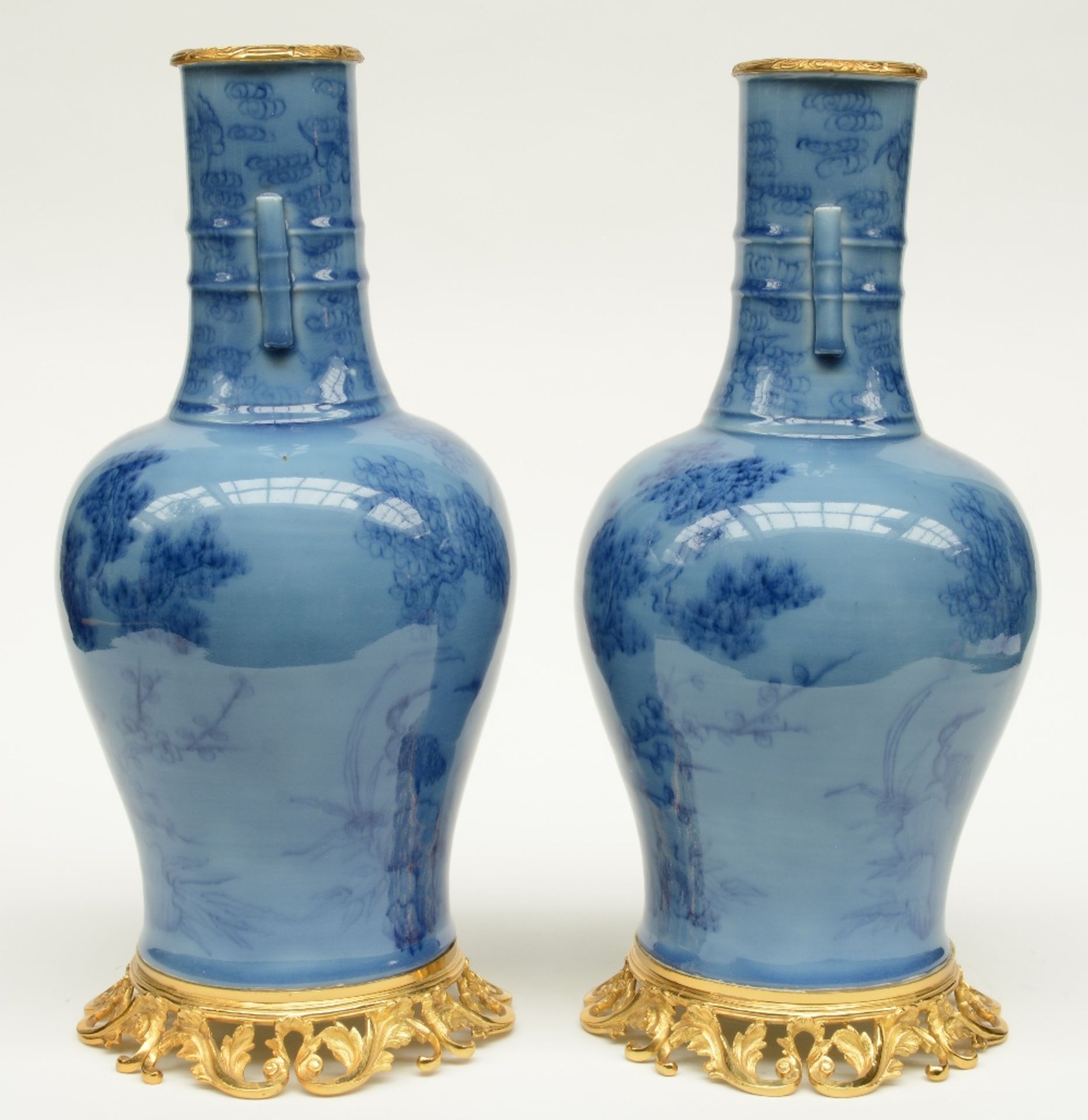 A pair of Chinese baluster shaped vases, blue monochrome ground, decorated with cranes and flower - Image 4 of 6