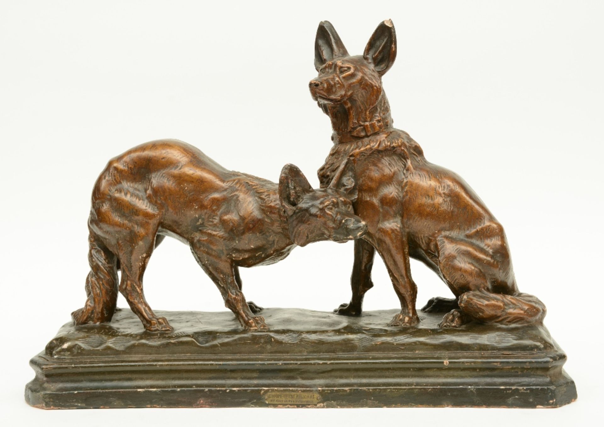 Coutier T., dogs, a bronze patinated terracotta sculpture, 1930s, H 39,5 - W 57 - D 19 cm