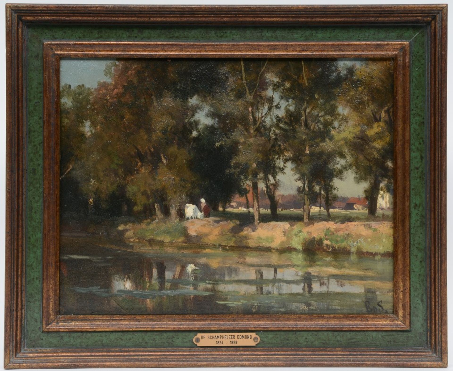 Monogrammed E.D.S. (De Schampheleer E.), rural view with a cowherd, oil on canvas on panel, signed - Image 3 of 12