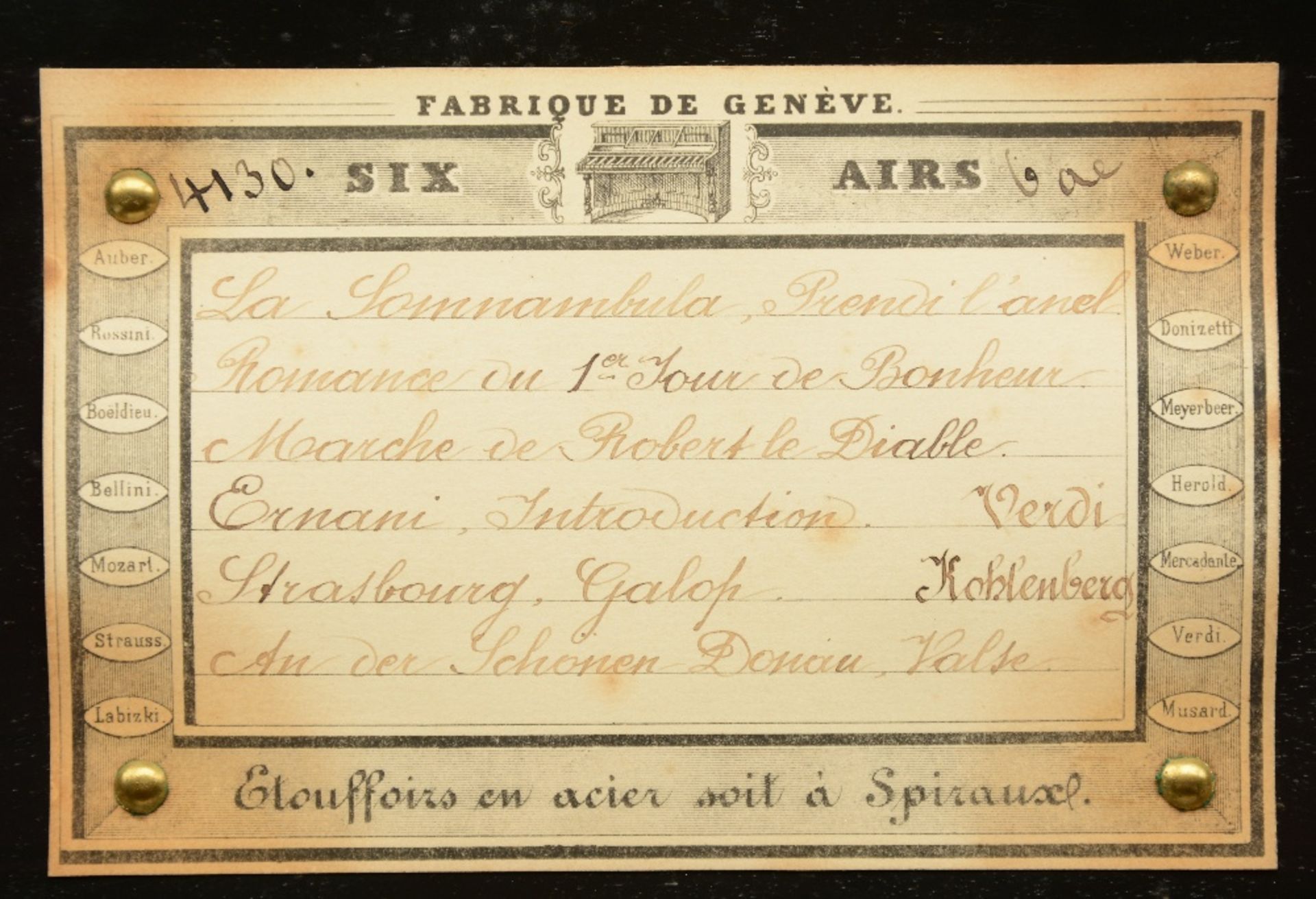 A 19thC ebonised and rosewood veneered music box, 'Fabrique de  Genève - Six Airs', H 14,5 - W 49, - Image 5 of 5