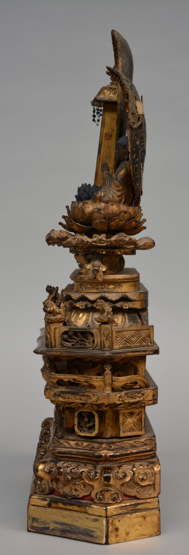 An 18thC Oriental gilt wooden temple with two sitting Buddha's on lotus seat and rich carvings, H 60 - Bild 2 aus 10