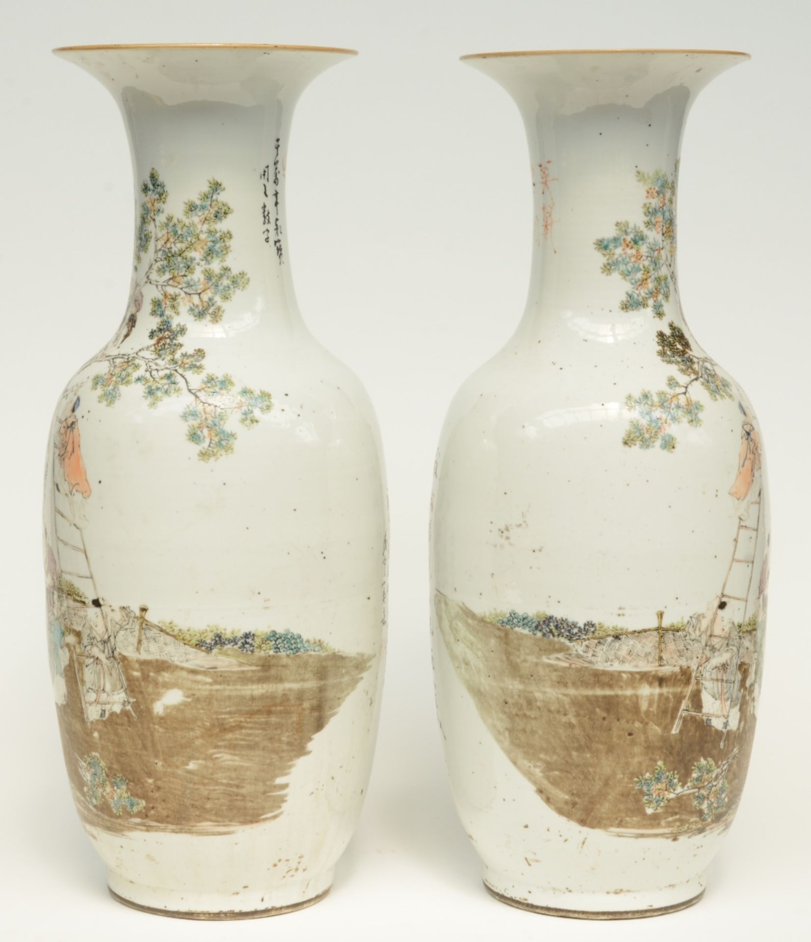 A pair of Chinese polychrome decorated vases, painted with an animated scene, signed and marked, - Image 4 of 11