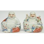 Two Chinese laughing Budai, polychrome decorated, marked, H 25 - 25,5 cm (one Budai with firing