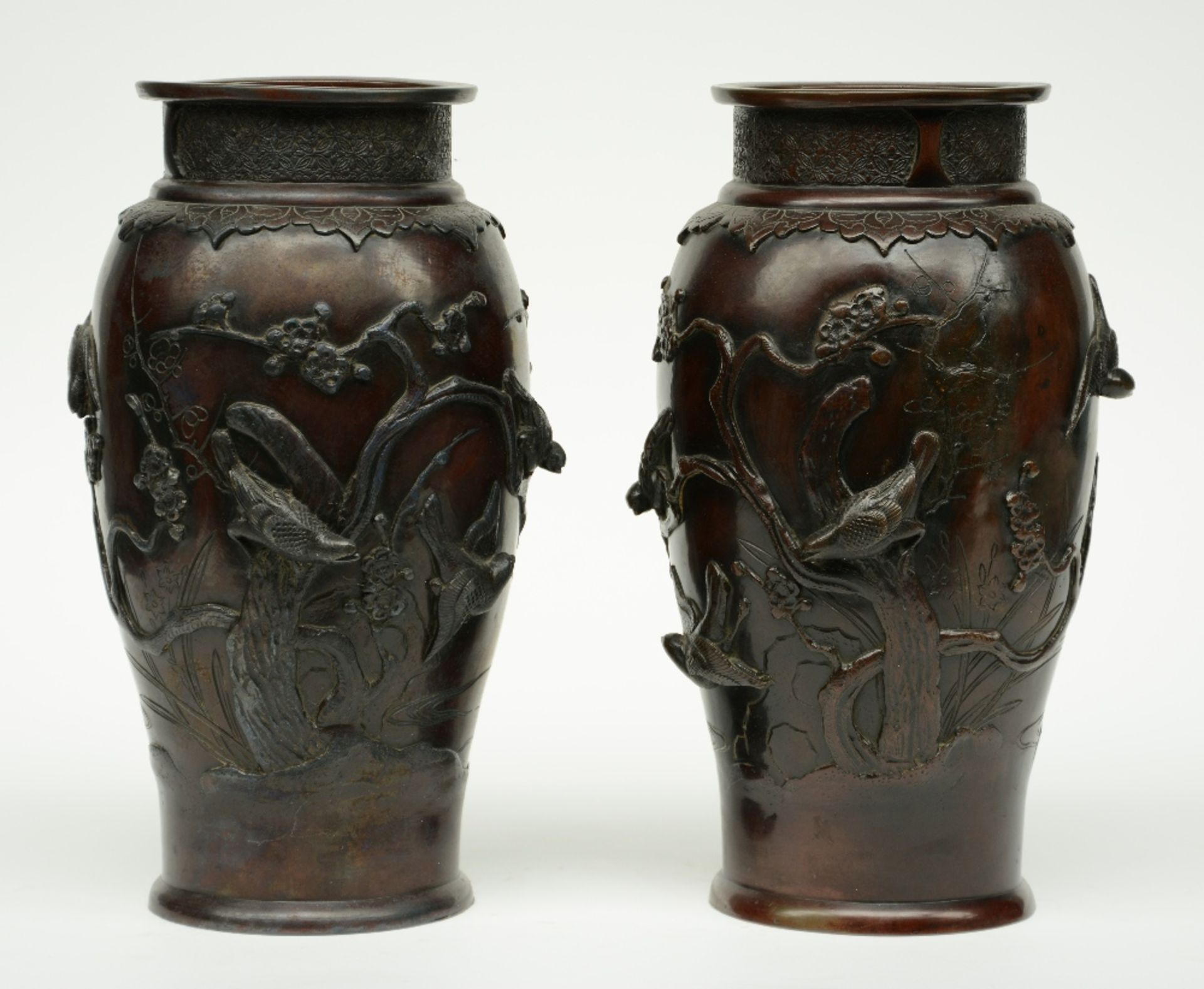 Two pair of Chinese bronze vases, relief moulded with birds on flower branches, marked, H 26 - 36 - Image 2 of 15