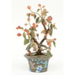 A Chinese ornamental tree with semi-precious stones in a brass enamel decorated jardiniere, H 36 cm