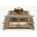 An exceptional gilt silver music box, partially cobalt blue enamelled, ruby set and inlaid with
