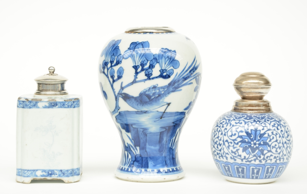 Two Chinese blue and white vases and a tea caddy, floral decorated, with silver mounts, 18th - - Image 5 of 16