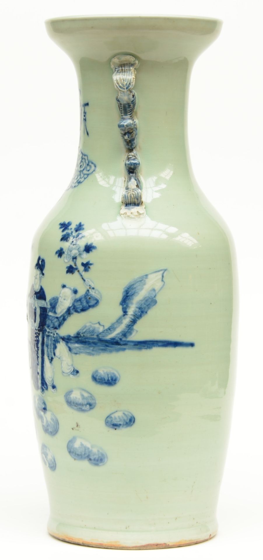 A Chinese celadon ground vase, blue and white decorated with an animated scene, 19thC, H 60 cm ( - Bild 2 aus 7