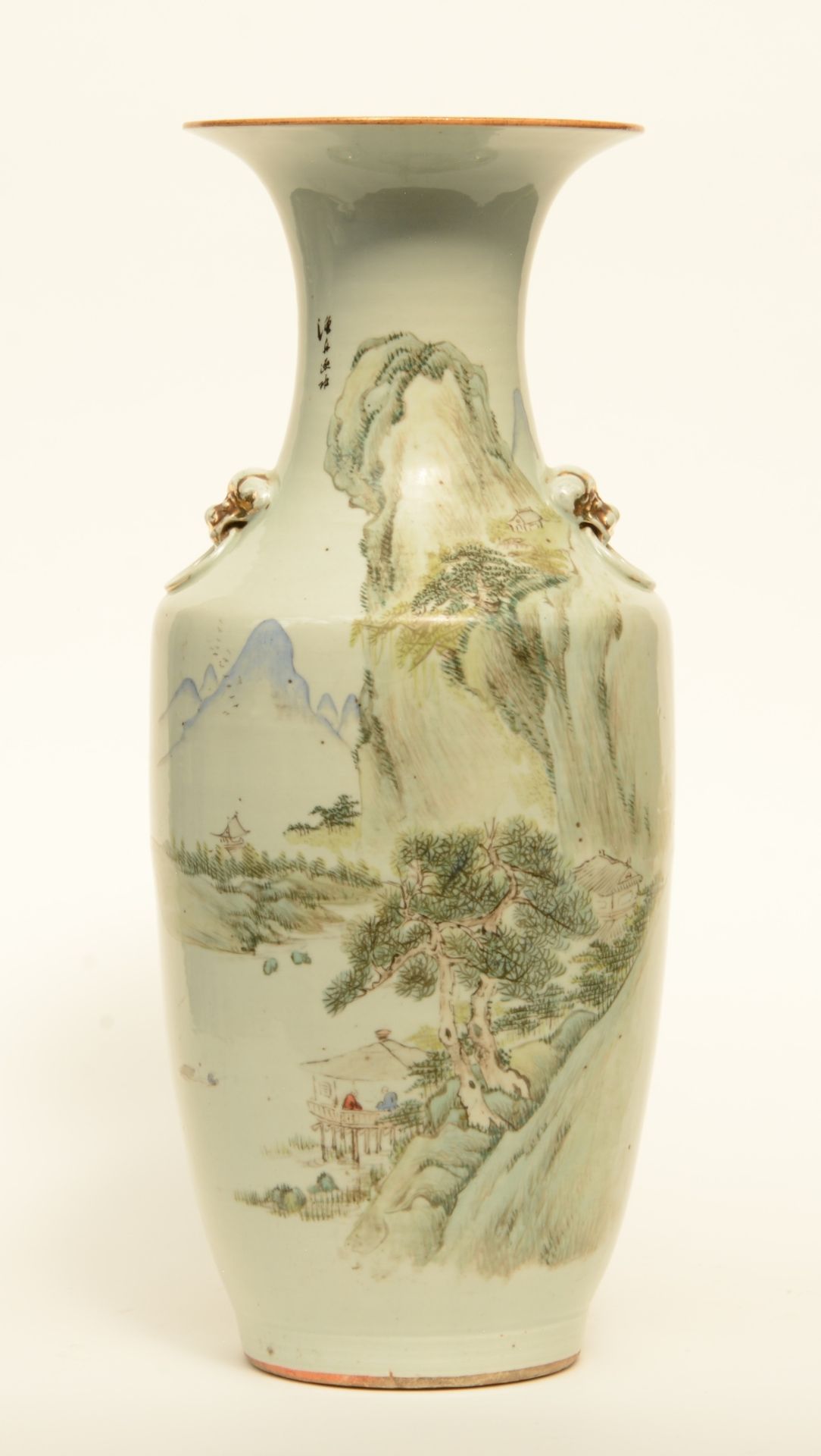 A Chinese polychrome vase, decorated with a mountain landscape, marked, 19thC, H 56 cm